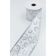 2.5 Inch Wired Christmas Ribbon with Silver Metallic Swirls on White Satin, 2-1/2 In. X 10 Yds (Lot of 1 Spool) SALE ITEM
